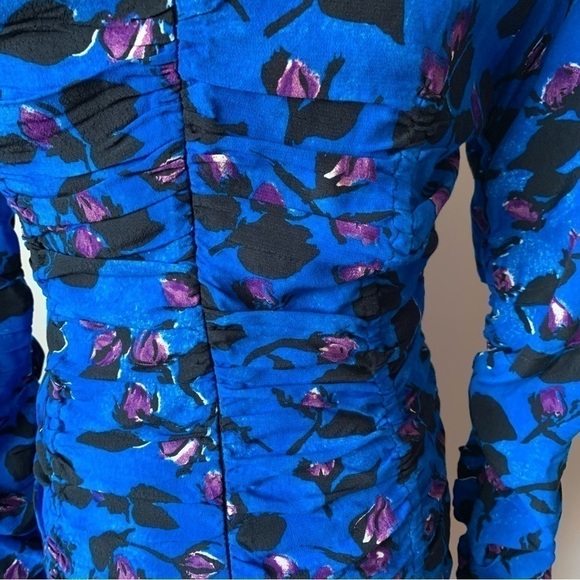 NEW 𝅺ZARA Cobalt Blue Floral Gathered Ruched  Mini Dress Size Medium - Picture 3 of 9